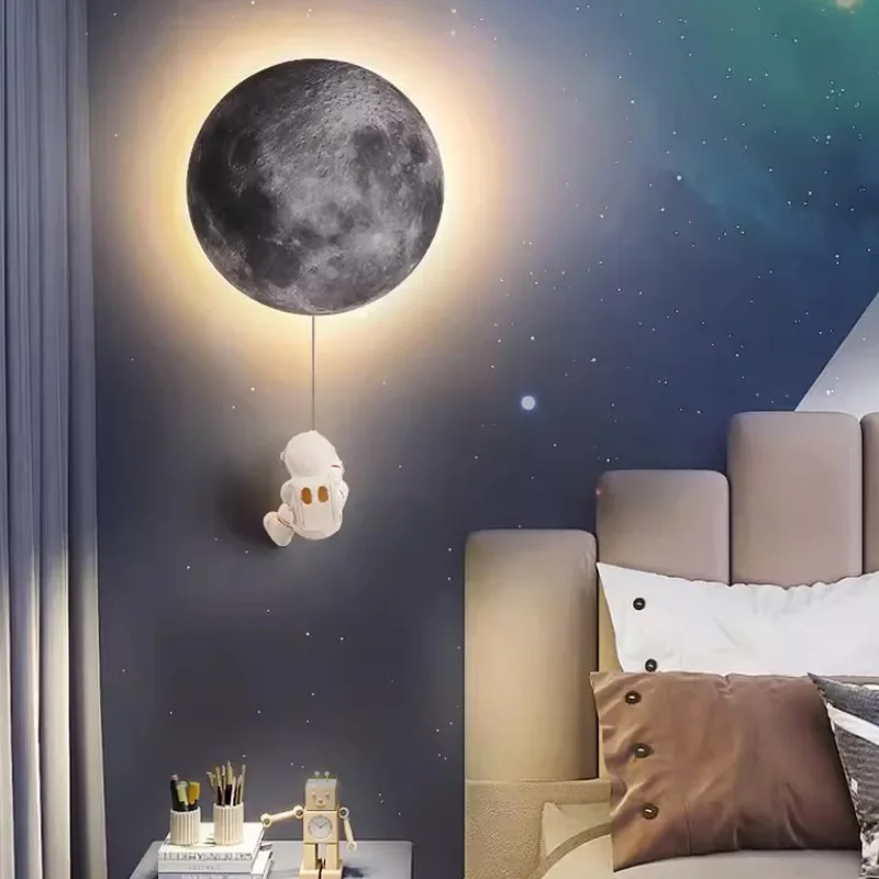 moderno minimalista astronauta led lampada de parede resina redonda lua luz luz de fundo para quartos cabeceira sala de estar luminarias 01