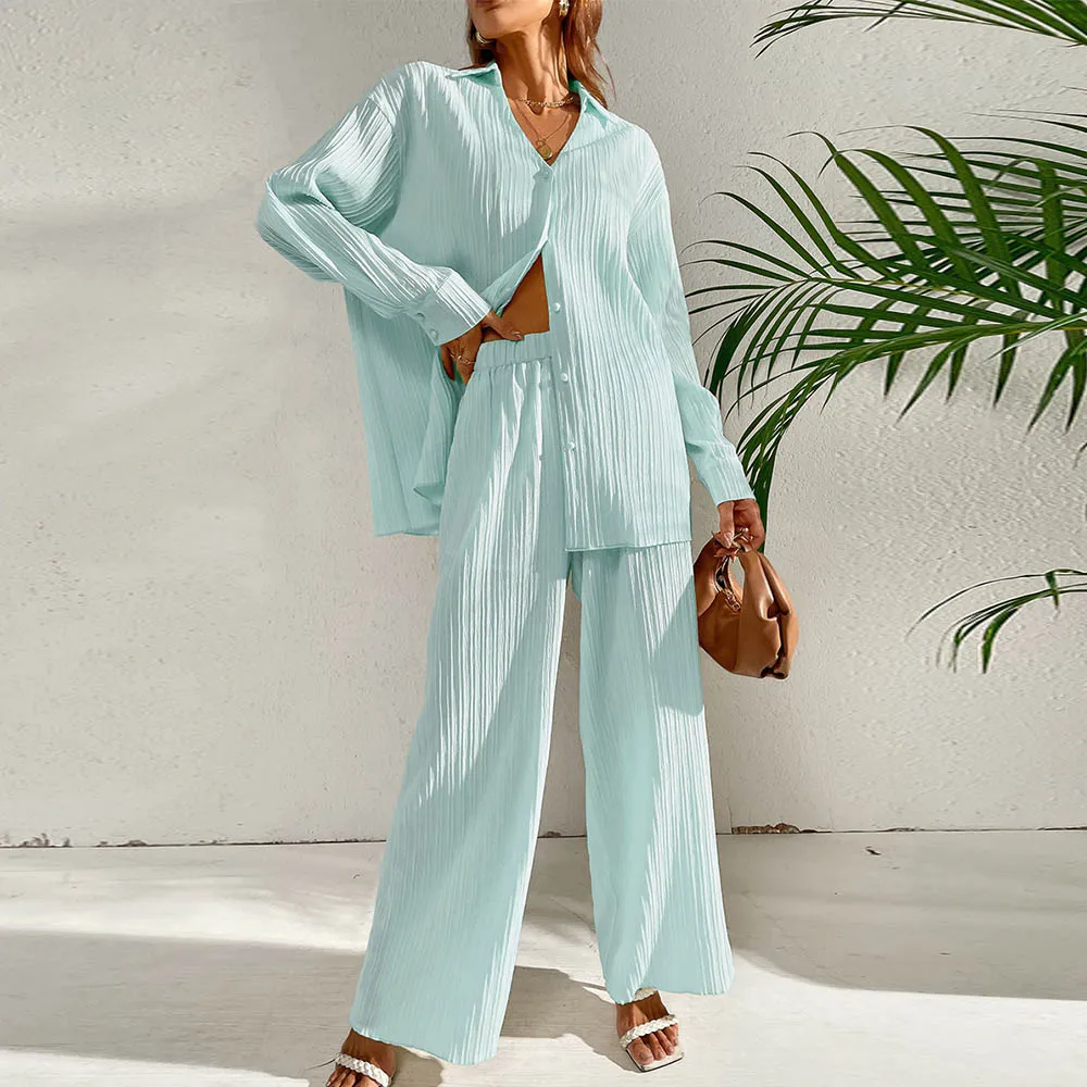 2024 Solid Pleate Two Piece Suits Women Summer Turn-Down Collar long Sleeve Top Sets Female Casual wide leg Long Pants Outfits