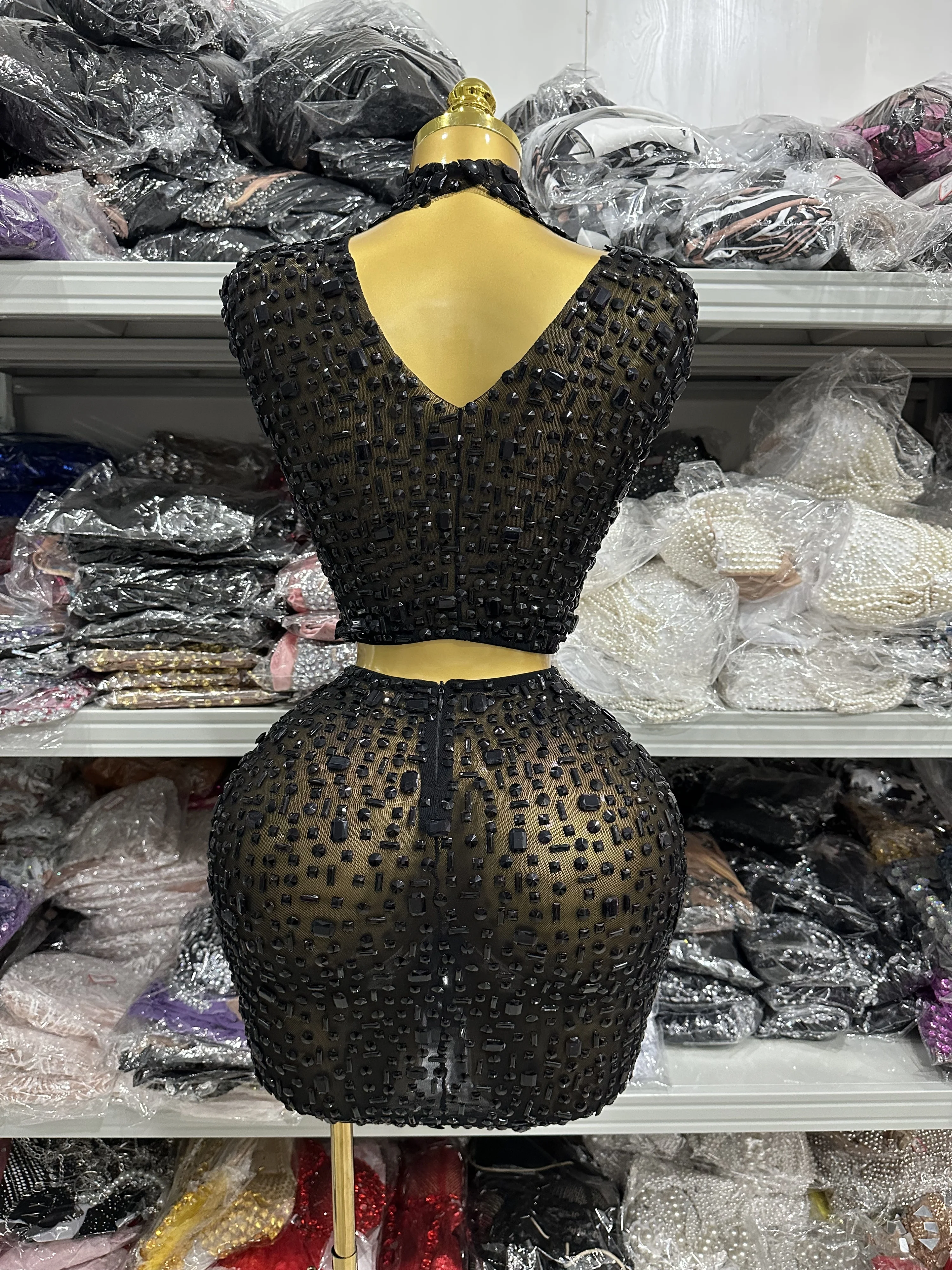 Women Sexy Two Pieces Set Women Skin Crystal Diamond Night Club Skirt Suits Singer Dancer See Through Stage Performance Costumes