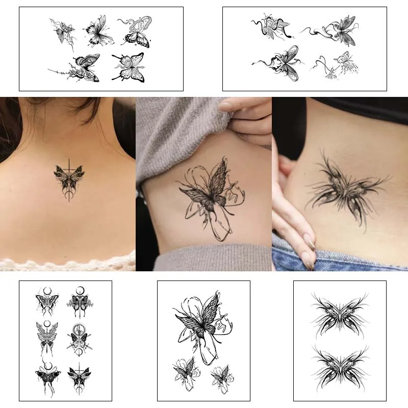 5pcs Butterfly Line Art Waterproof Temporary Tattoo for Shoulder and Arm, Lasting 1-2 Weeks,  Semi-Permanent Fake Tattoo