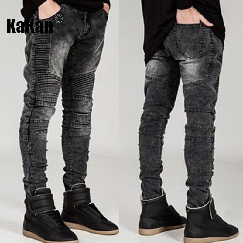 Kakan - European and American New Trendy Motorcycle Jeans for Men, Wrinkled Slim Fit Small Foot Elastic Long Jeans K7-3801