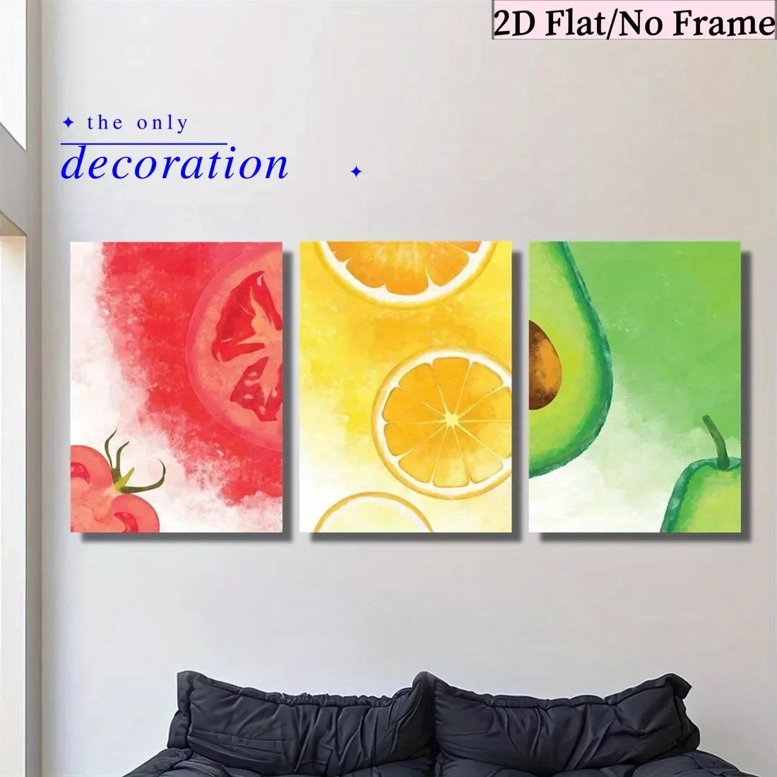 2D Flat, 3pcs 2D Flat Watercolor Style Still Life Fruit Art, Fruit Tomato Orange and Avocado Poster, Restaurant Kitchen Decor