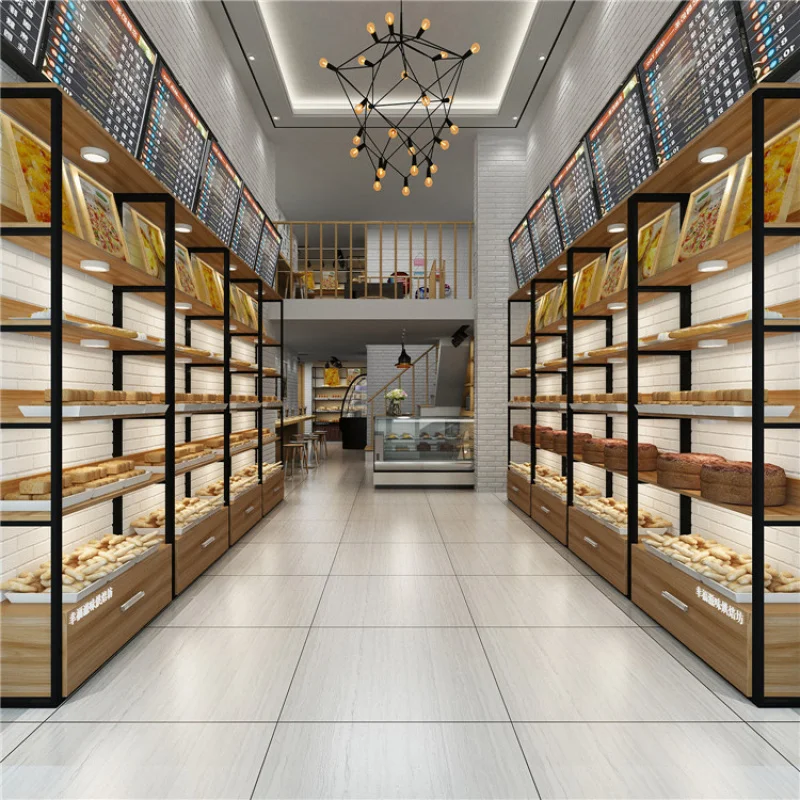 custom.OEM Customized Food Stores Wooden Bakery Display Shelves Commercial Wood Bread Wall Shelving