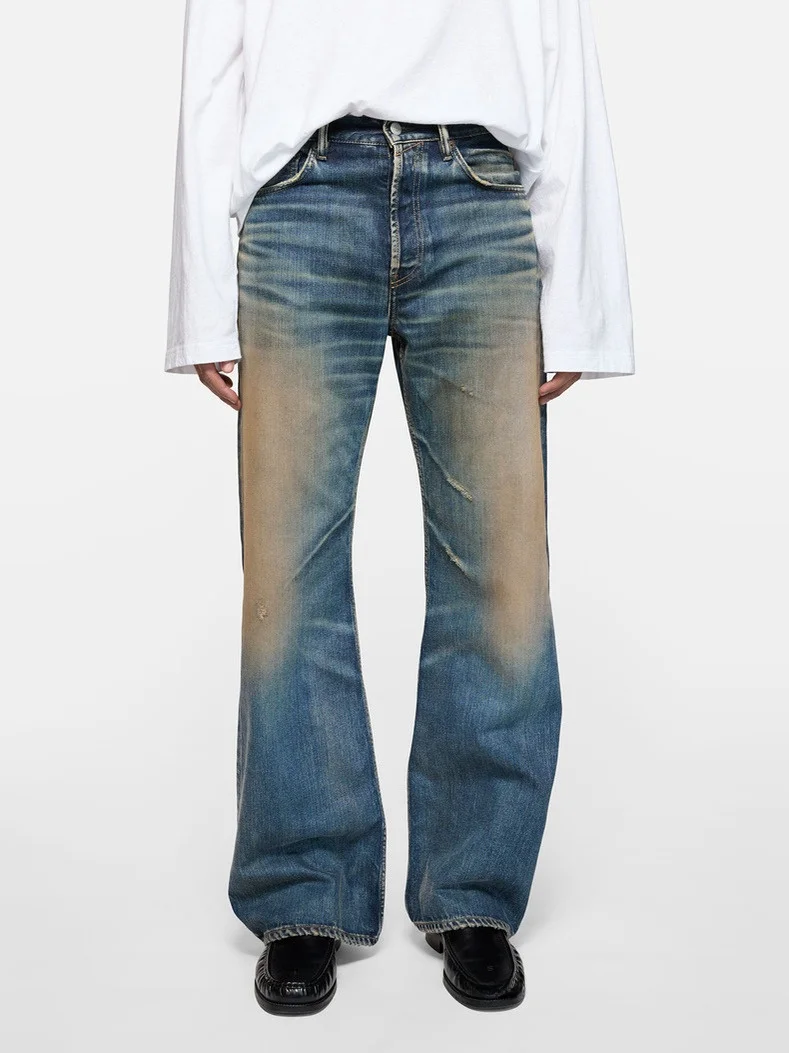 

Waed Ac Sle Jeans Middle High Waist Flared Legs Mustache Dirt Dyed Casual Denim Pants for Young Men Daily Wear Autumn...