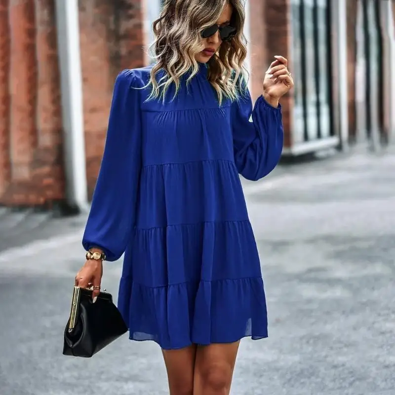 

L38E Women Color Puff Long Sleeve A-Line Swing Midi Dress with Back Neck Tie