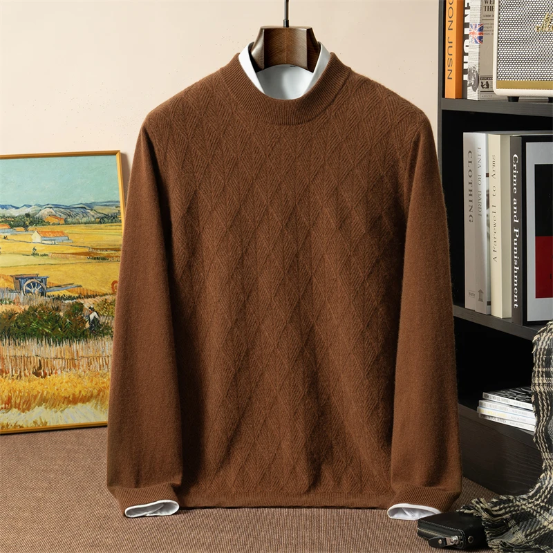 New Men's Half-High Collar Diamond Knitted Long Sleeve Cashmere Sweater 100% Pure Goat Cashmere Autumn Winter Base Layer Shirt