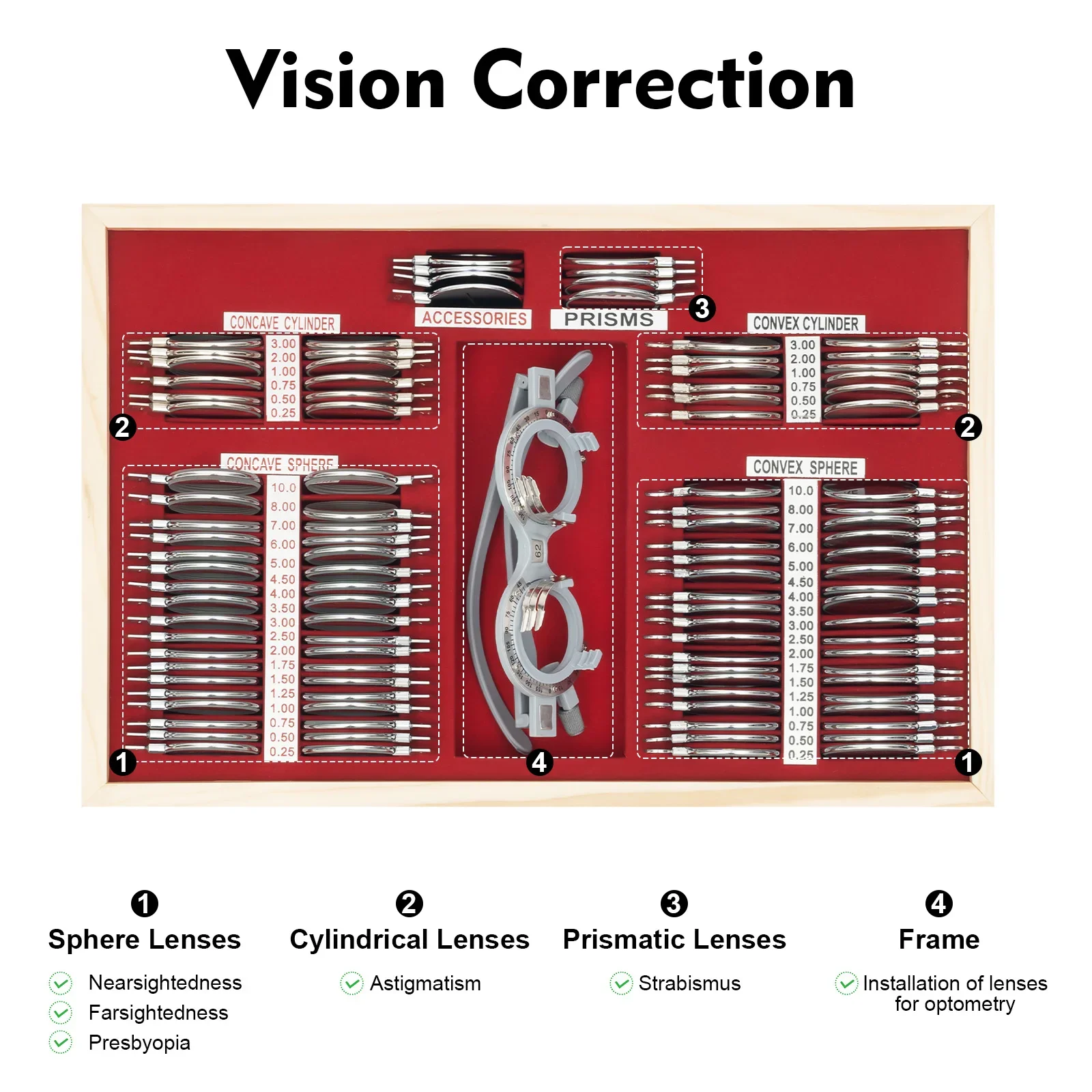 104Pcs Testing Frame Optometry Kit, Trial Lens Set Kit, Metal Frame Box, Optical Testing Lens Precision Frame W/ Lens Silver Box