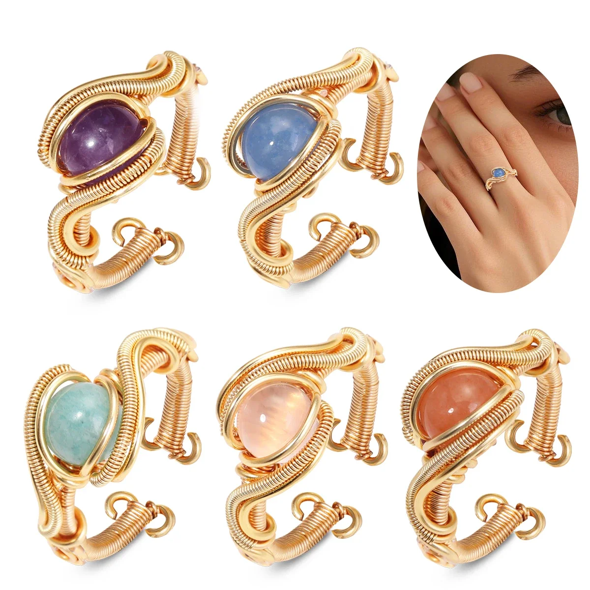 Women's Rings Natural Gemstones High Quality Twisted Thread Party Valentine's Day Gifts Moon Stones Amazonite Amethyst Gifts