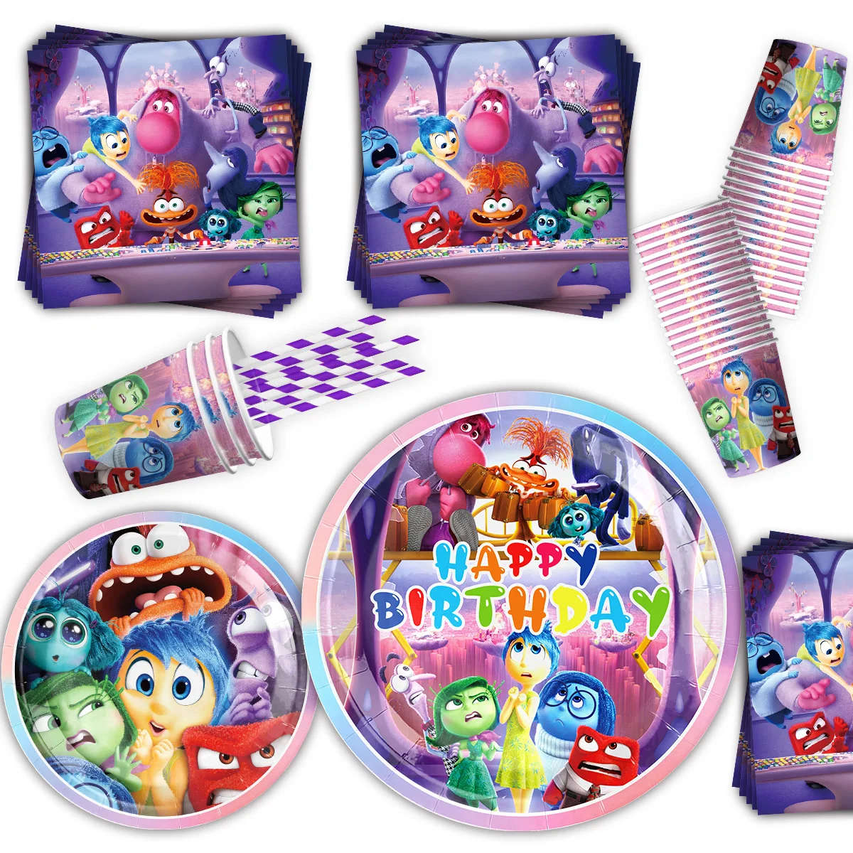 Inside Out Birthday Party Supplies For Kids Disney Inside Out 2 Theme Tableware Set Anxiety Balloons Happy Banner Decorations