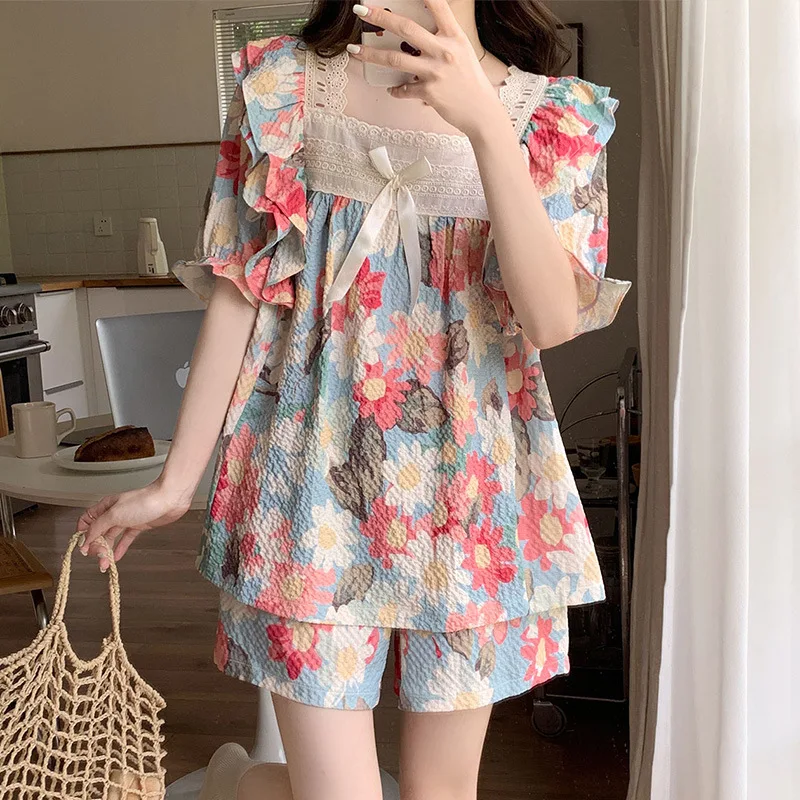 Women's Pajamas Summer New Bra Pad  Floral Print Pajamas Set Lace Cute Kawaii Loungewear Home Wear Sleepwear Thin Nightwear