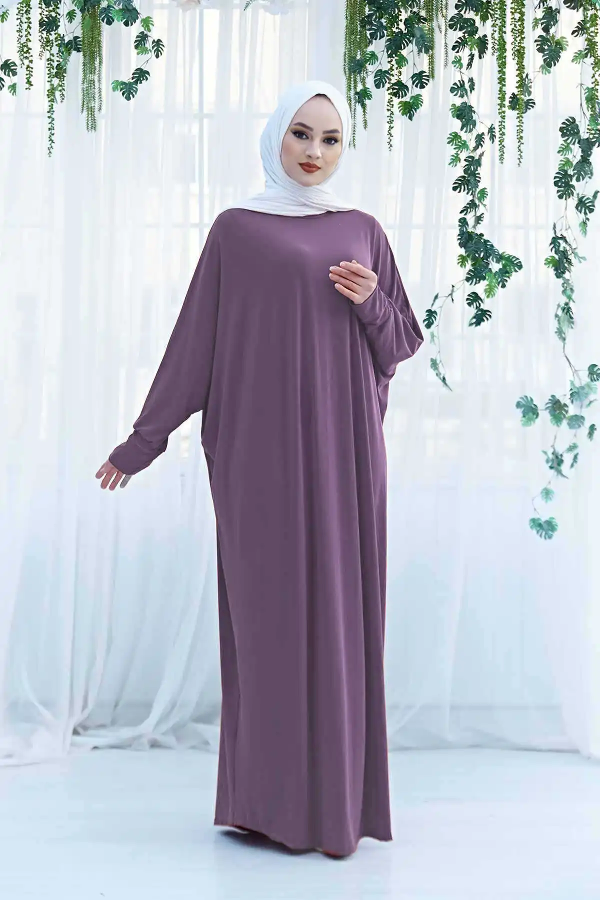 

Bat Sleeve Temporary Shed Long Dress E-Dirty Pink Winter Autumn 2021 Muslim Women Hijab headscarf Islamic Turkey