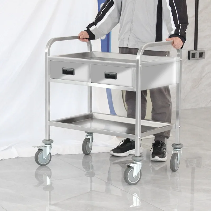 Commercial Portable Stainless Steel 2-layer Utility Cart Heavy Duty Veterinary Tool Trolley With Drawers and Wheels