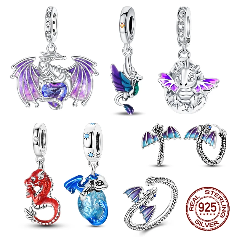 

925 Sterling Silver Purple Baby Dragon Flying Dragon Cub Pendant Charm Fit Original Charms Bracelets Women DIY Jewelry Gift