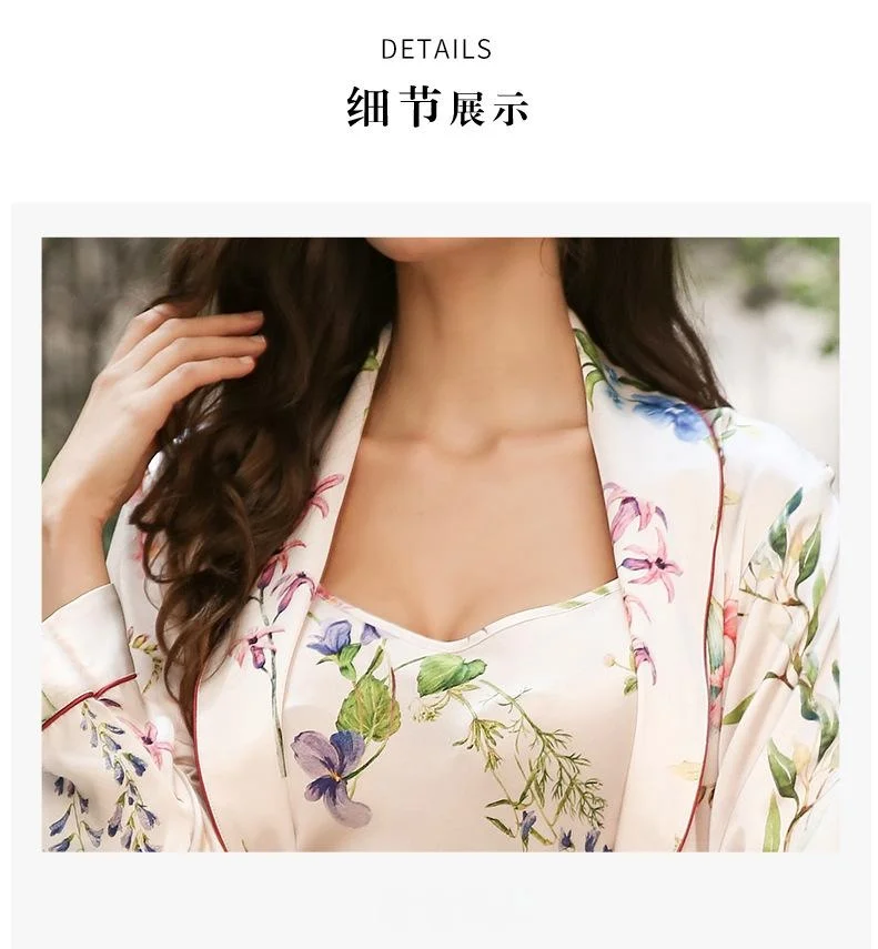 New summer silk spray-painted bathrobe for women, 100% mulberry silk nightdress and bathrobe two-piece set, light luxury loungew