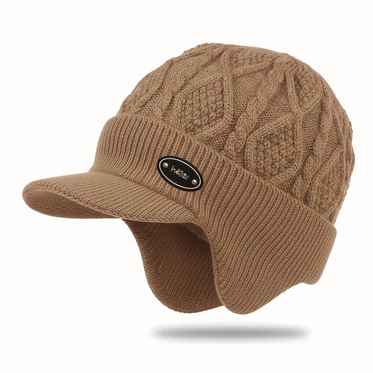 Retro Diamond-Shaped Cable Knit Earflap Hat for Men with Short Brim, Hello Leather Label, Winter Outdoor Cold-Proof Warm Beanie