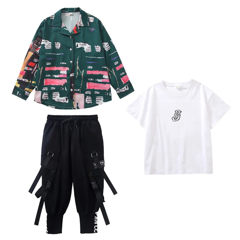 Vêtements de danse de rue pour enfants, chemise imprimée, Hip Hop, pantalon cargo noir, costume de jazz pour adolescent, Streetwear, Y, 8, 10, 12, 14, 16 ans