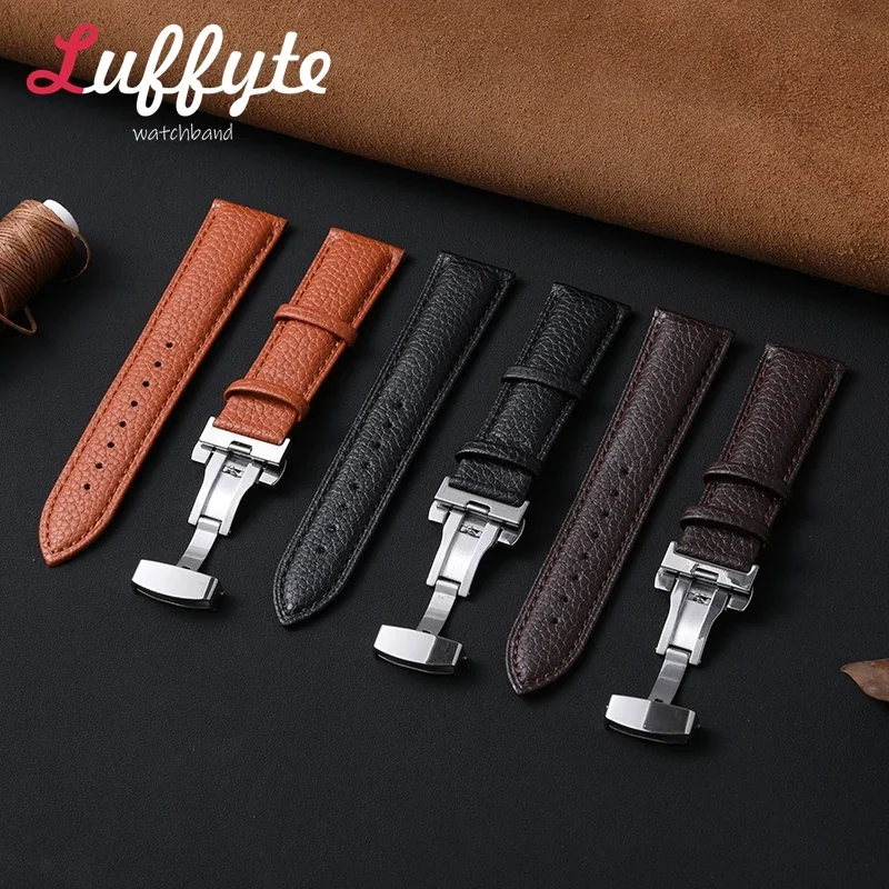 Business Butterfly Buckle Watch Accessories 18/20/22mm Universal Replacement Watch Band with Gift Packing Box Leather Watch Band