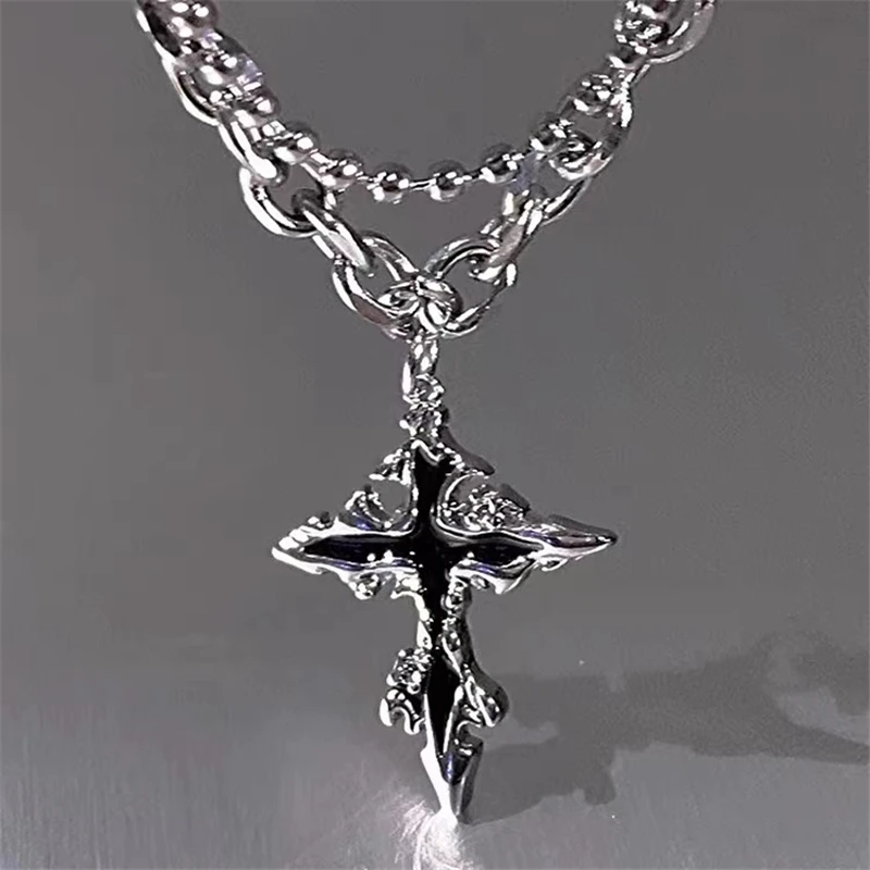 Punk Liquid Metal Back Cross Pendant Silver Color Chain Necklace For Women Men Y2K Grunge Hip Hop Halloween Jewelry Accessories