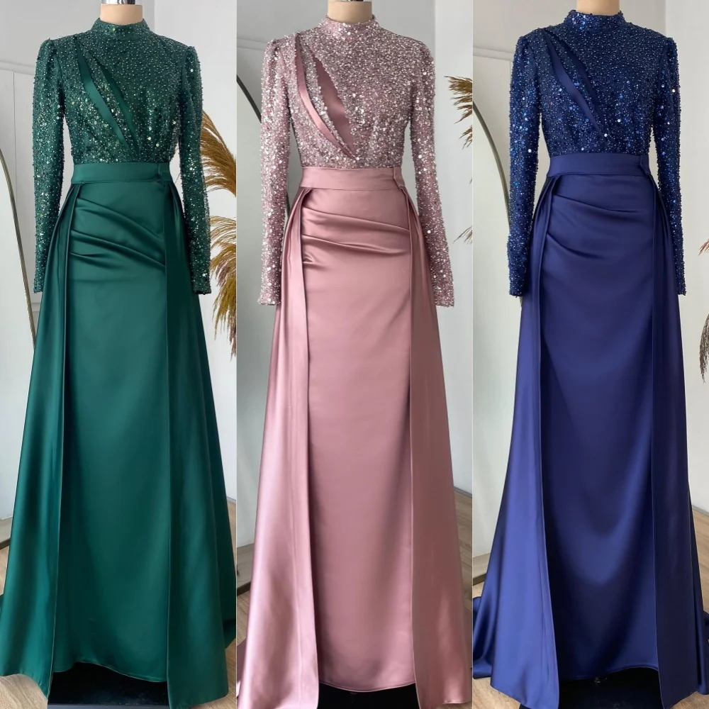 Satin Draped Pleat Sequined Christmas A-line High Collar Bespoke Occasion Gown Long Dresses