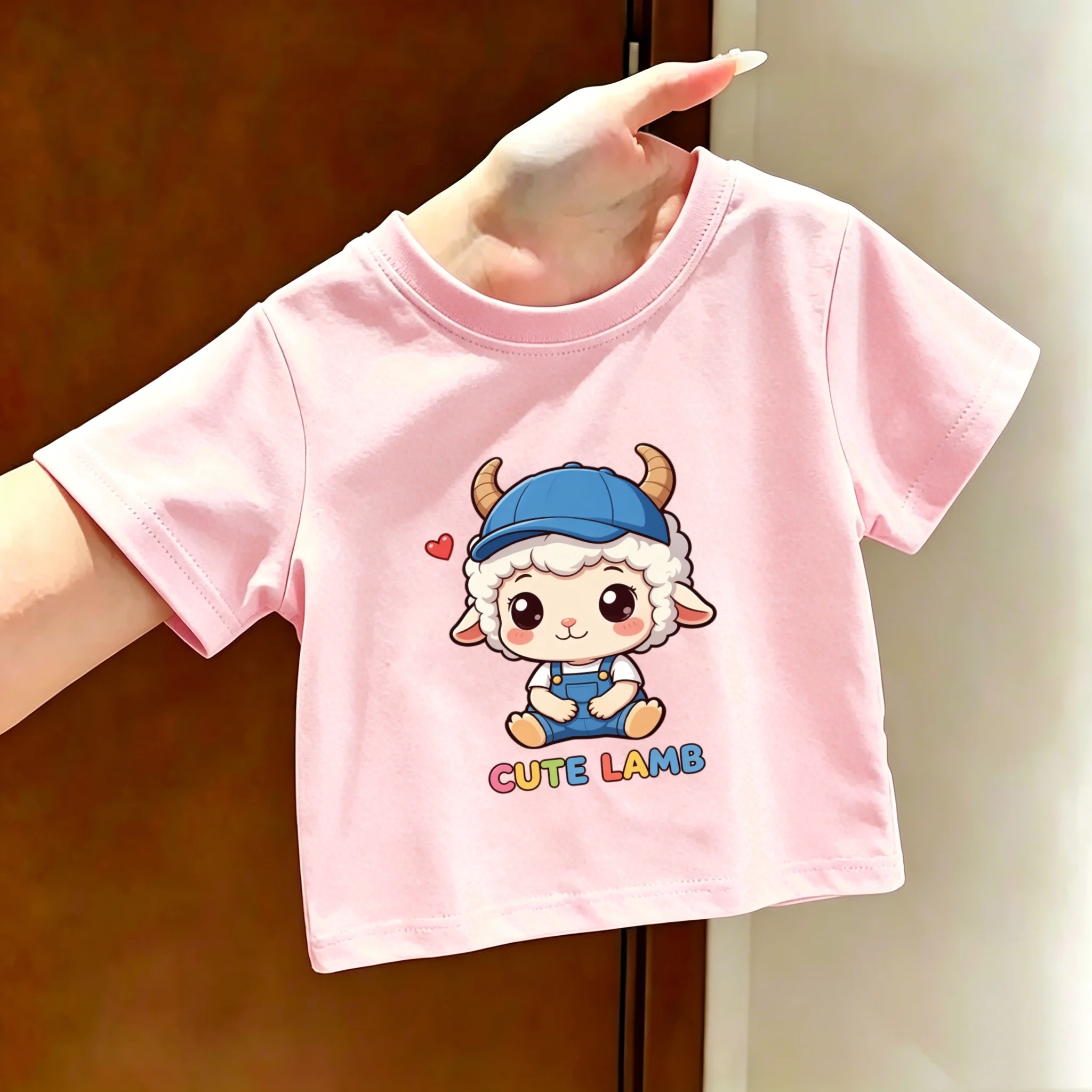 Girl's Cartoon Lamb T-shirt, Boy's Round Neck Cute and Handsome Big, Medium and Small Children's Stylish Parent-child Shirt