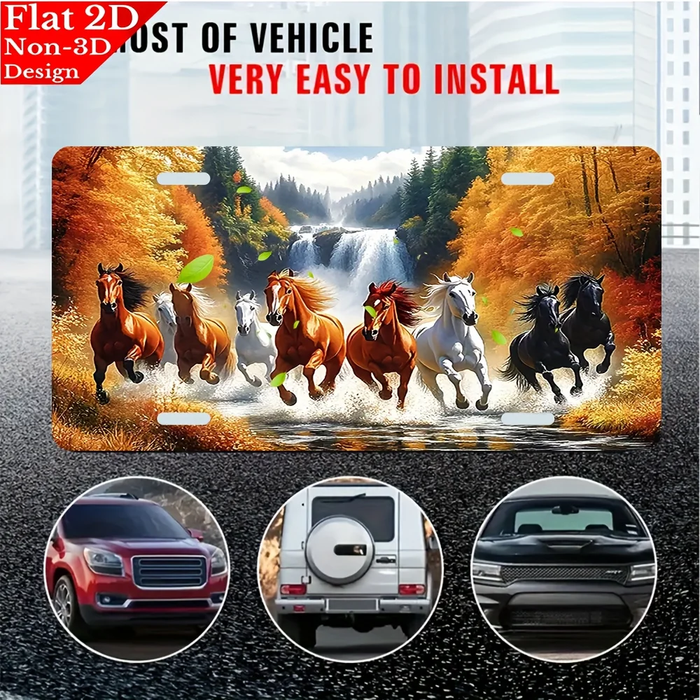 2D Flat, 2D Flat Plaque Featuring a 2D Design Depicting a Galloping Herd of Horses Through an Autumn Forest, Measuring 15.24x30.