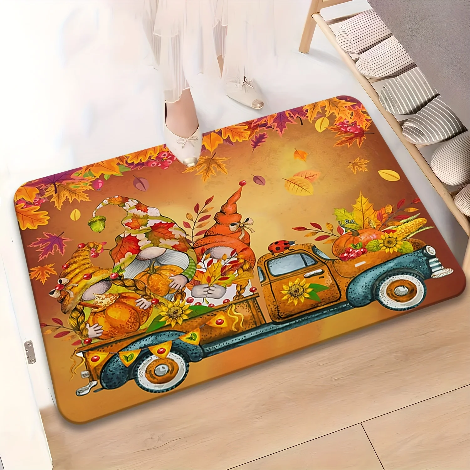 Vintage Truck Autumn Door Mat, Pumpkin Harvest Floor Rug, Fall Leaves Welcome Carpet, Non-slip Thanksgiving Home Entrance Decor