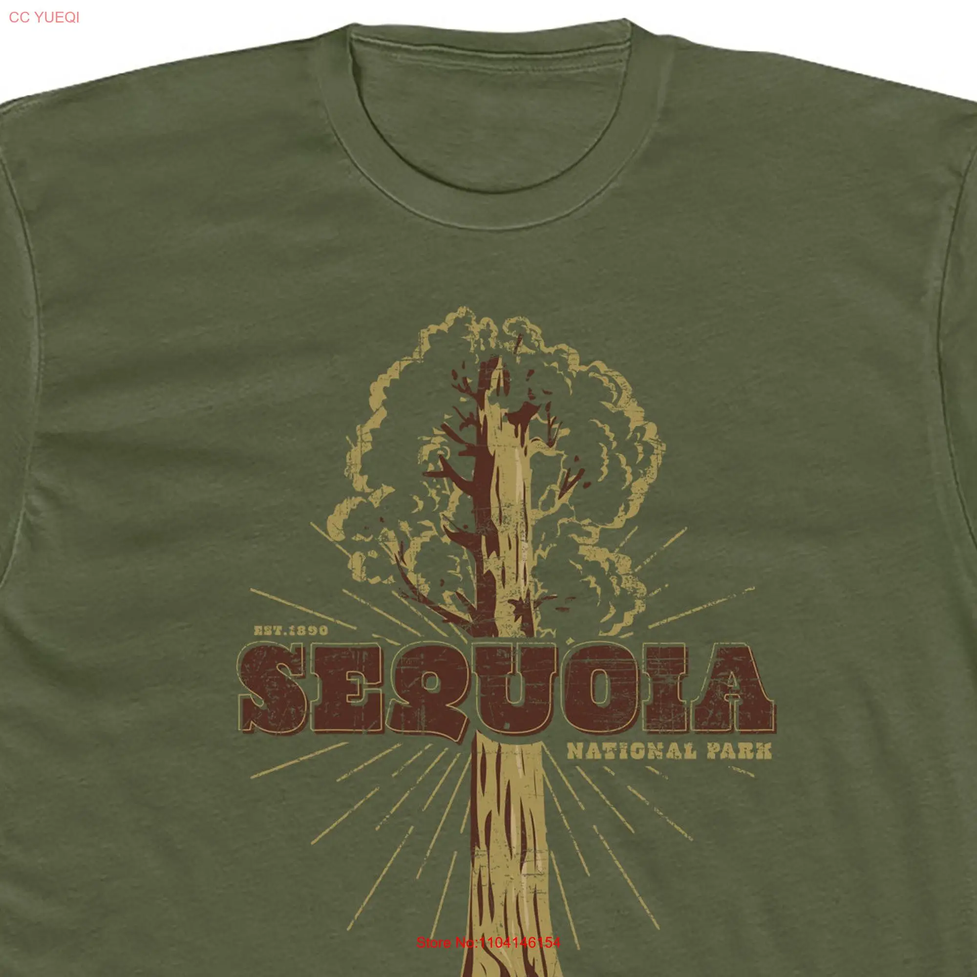 Sequoia National Park T Shirt for Men 100 Cotton Crew Army Green Retro Tree Design long or short sleeves