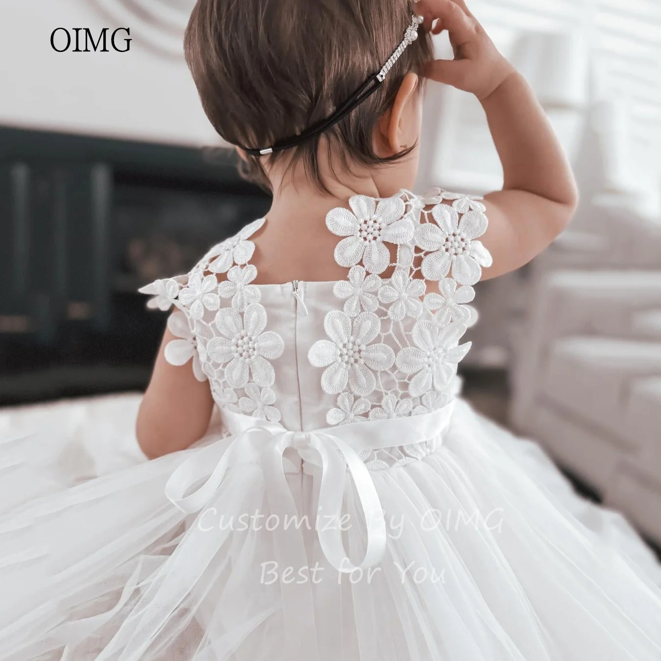 OIMG น่ารัก Ivory A-Line ชุดเดรสดอกไม้แขนกุด Applique ชุดแต่งงานชุดเจ้าหญิง Tulle ชุดวันเกิดที่กําหนดเอง