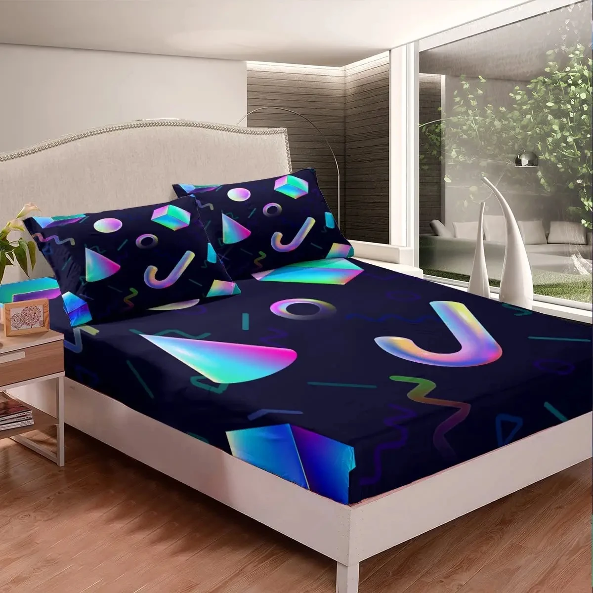 Abstract Fitted Sheet Colorful Geometric Bed Cover for Boys Girls Neon Gradient Geometric Shapes Bed Sheet Set with 2 Pillowcase
