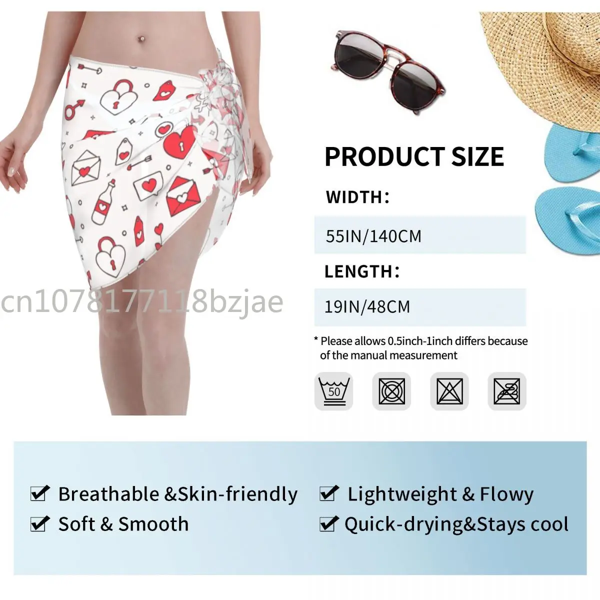 Traje de baño Sexy con patrón de amor para mujer, caftán, Sarong, falda para cubrir Bikini