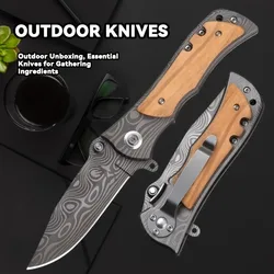 Tactical Damascus Coating Flipper Assisted Folding Knife Stainless Steel + Wood Handle Camping Hunting Knives Pocket EDC Tool