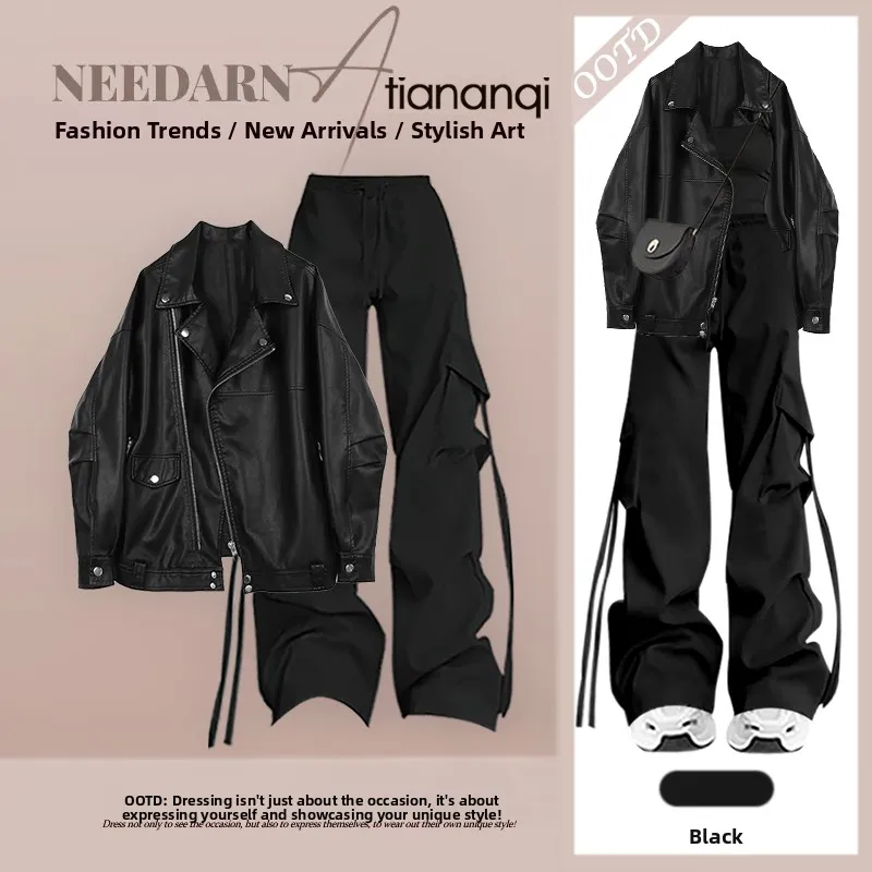 

Autumn New Sle Motorcycle Design Jaet Top Casual Inner Strap Tee Piece Set Women's Faion Ensemble Comfortable Workwear