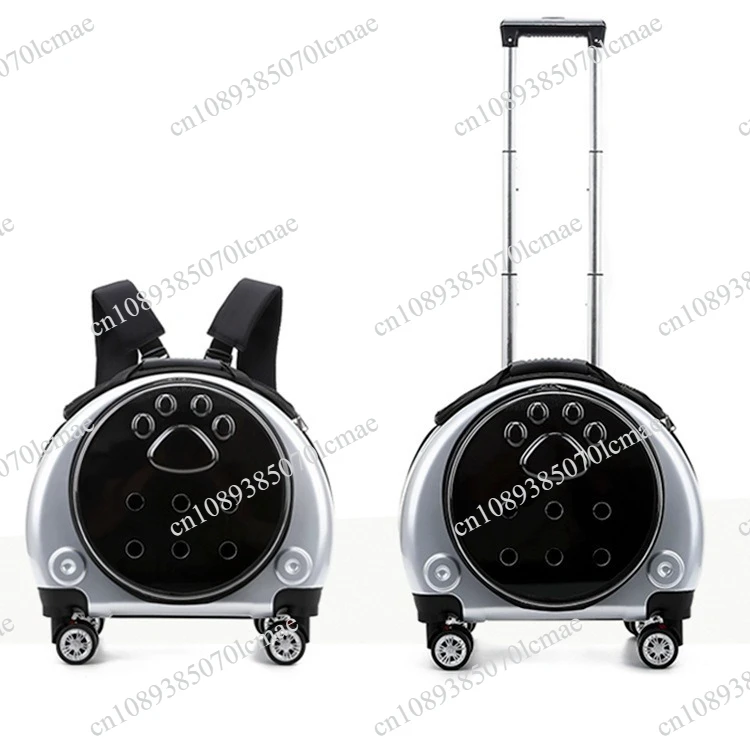 Pet Travel Trolley Case, Transparent Breathable Rolling Backpack Pet Carrier, 2 in 1 Wheeled Luggage Bag for Small Cats Dogs