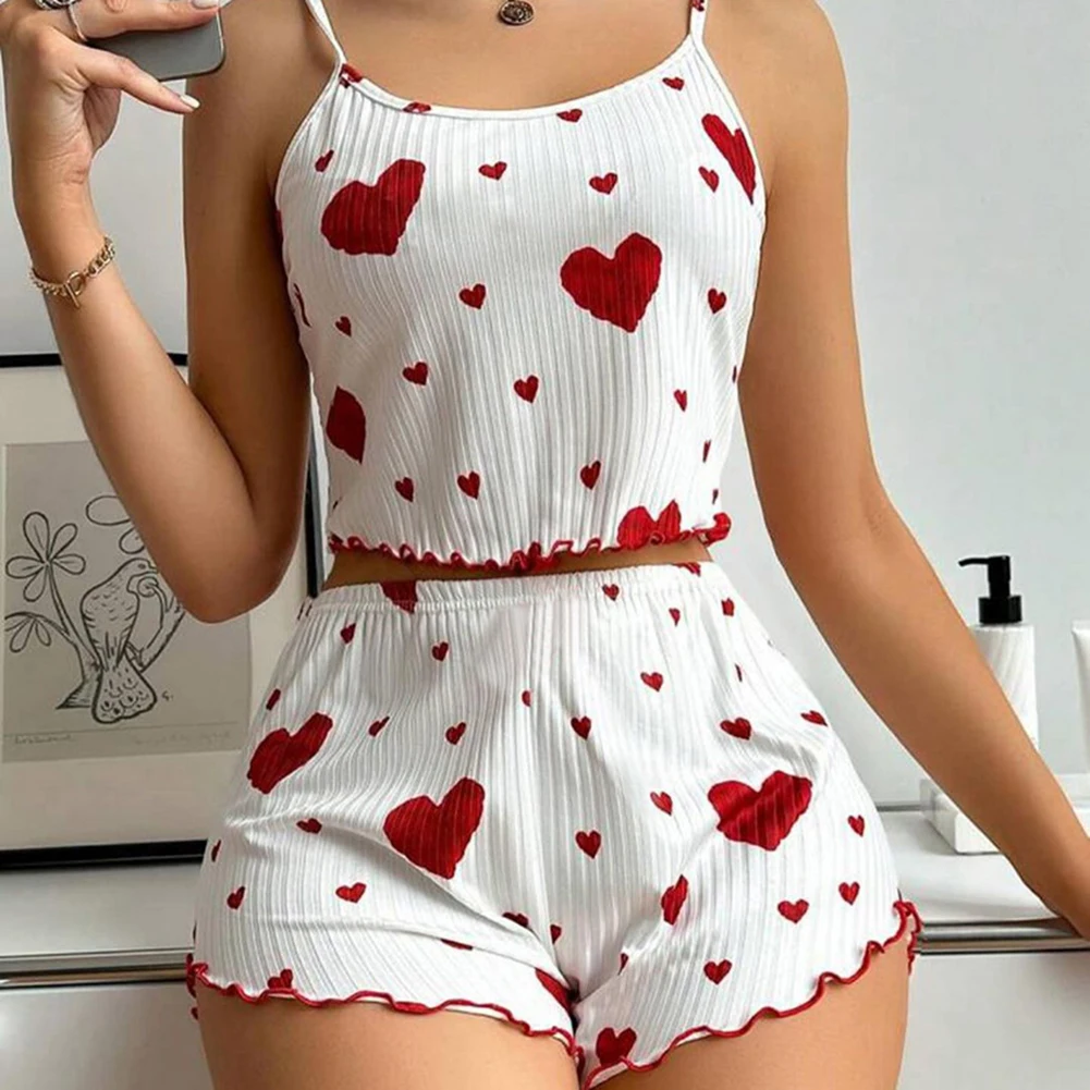 Women\'s Summer 2PCS Pajama Set Sling Vest with Shorts 2025 Newly Love Heart Print Spaghetti Strap Camisole Sleepwear for Girls