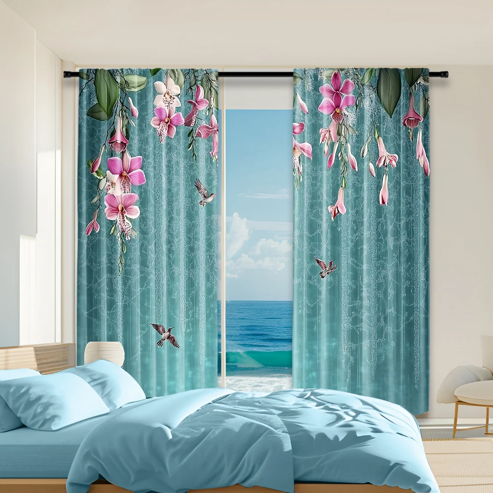 2Pcs Blackout Flower Bird Print Curtains For Living Room Bedroom Office Kitchen Home Decor Room Decor Uv-Resistant