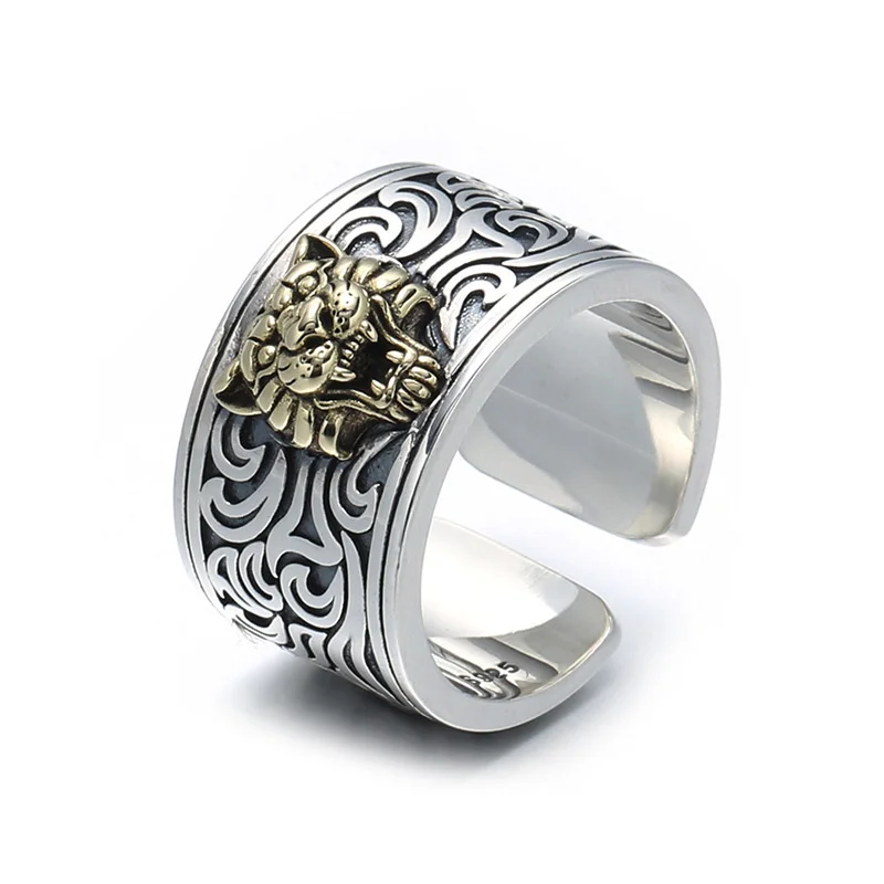 

Vintage 925 Silver Tiger Head Open Ring Men Jewelry Wide Personality Dominant Animal Index Finger Ring Male Finger Accessories