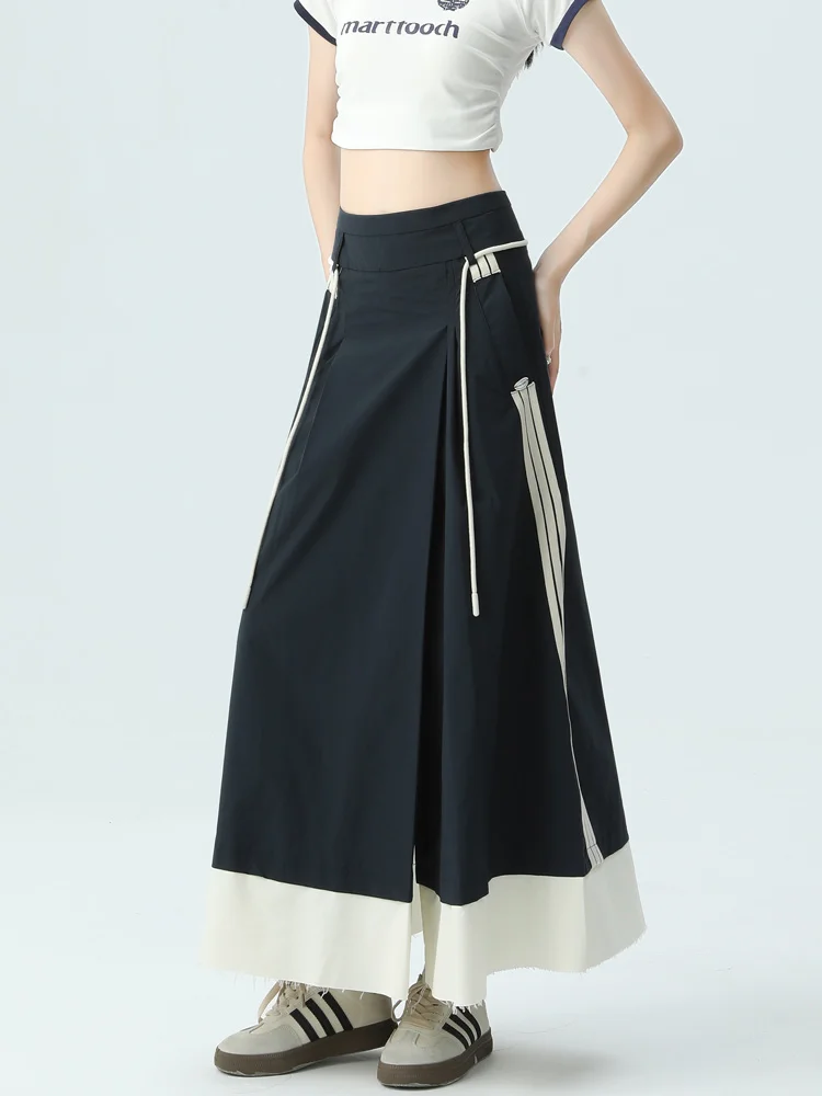 Women's Blue Cargo Skirt Y2k Elegant Streetwear A-Line Long Skirt Harajuku Korean Vintage 90s High Waist Skirts Clothes