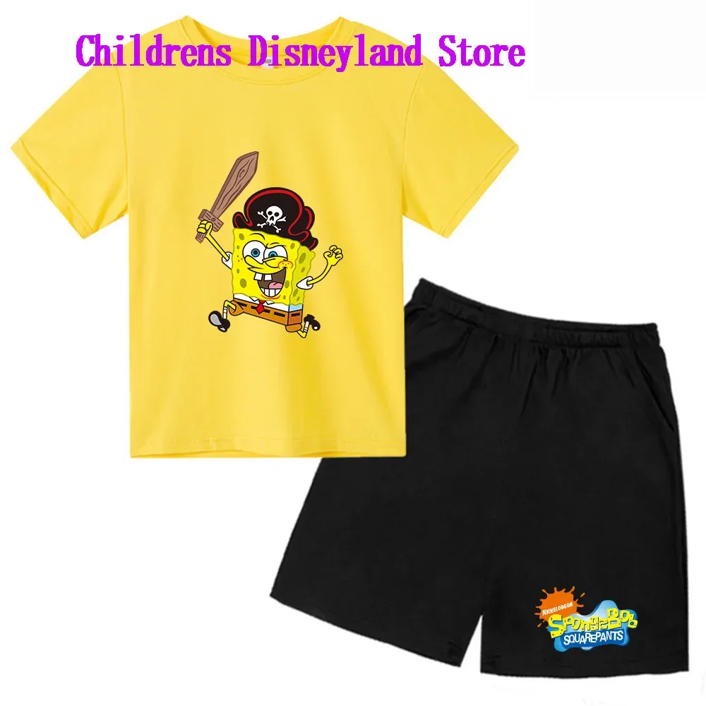 Spongebob Squarepants Spring And Autumn Children's Wear Boys And Girls T-shirt Set 2-piece Anime t shirt Sportswear Shorts boys