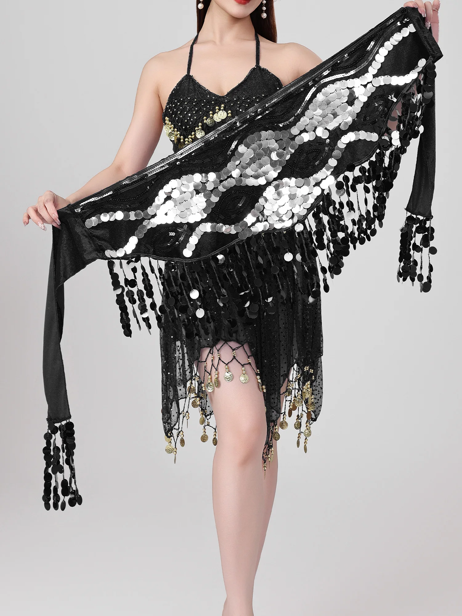 Women Sequin Glittery Belly Dance Costumes Tassel Lace-up Crop Top and Hip Scarf Waist Skirt 2-piece Set for Stage Dance Class