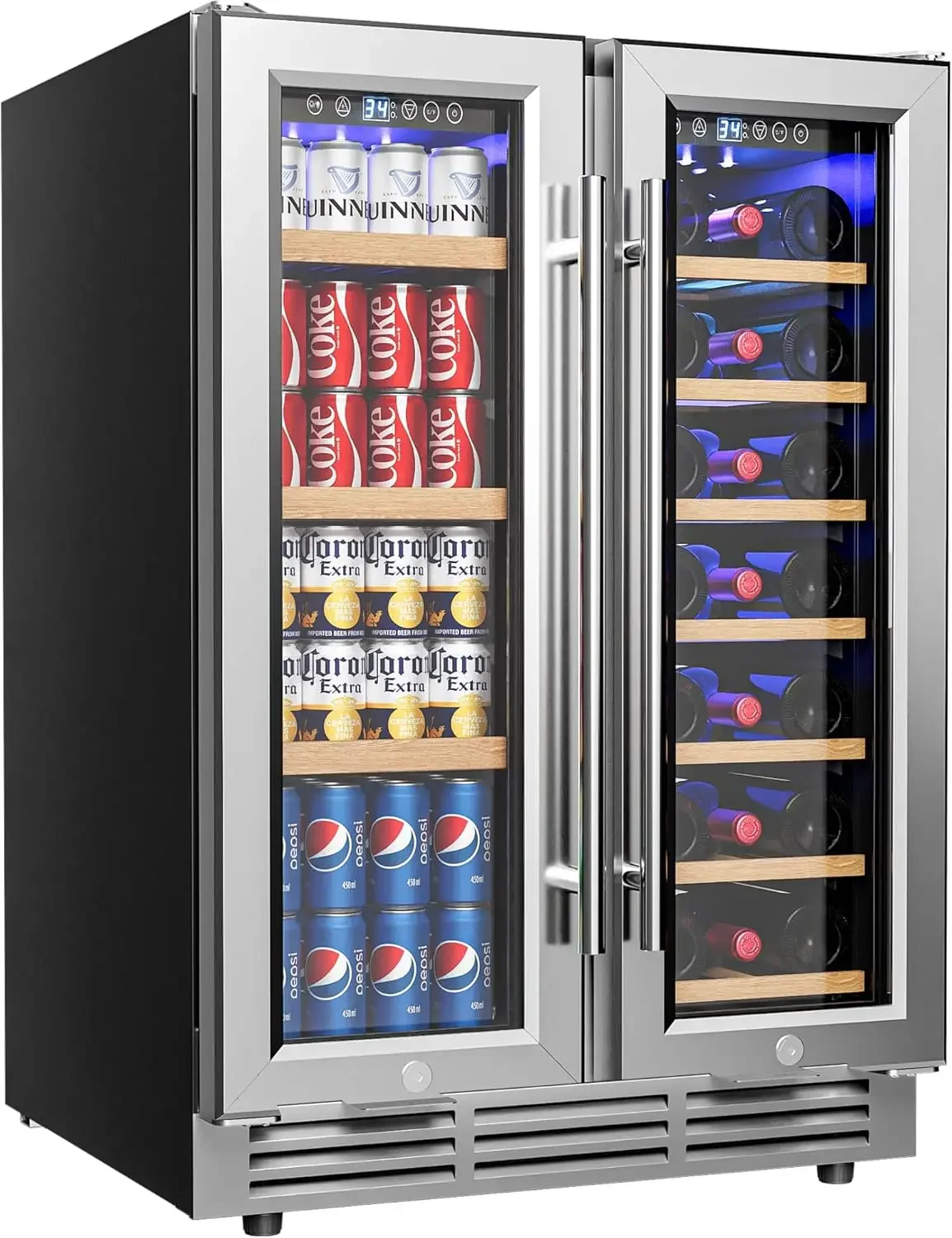Beverage Refrigerator, Dual Zone Wine Cooler with Glass Door, Hold 88 Cans & 21 Bottles, Built in or Freestanding Under Counter