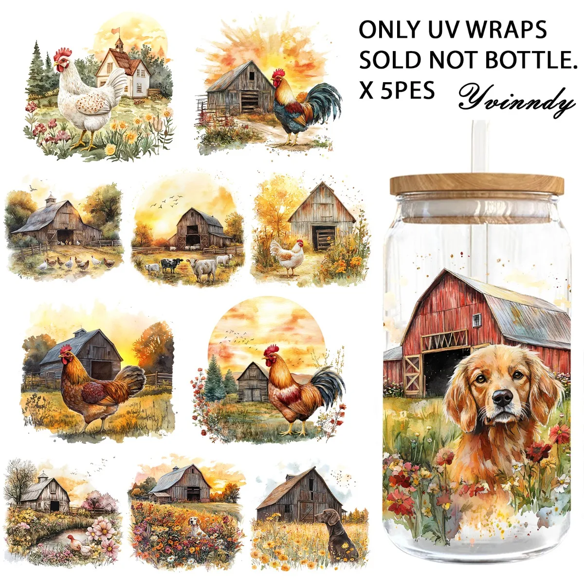 5 Stück/Set 16OZ UV DTF DIY Transferpapier – Aquarell-Collage der Landschaft UV DTF wasserdichte Folie (ohne Wasserbecher)