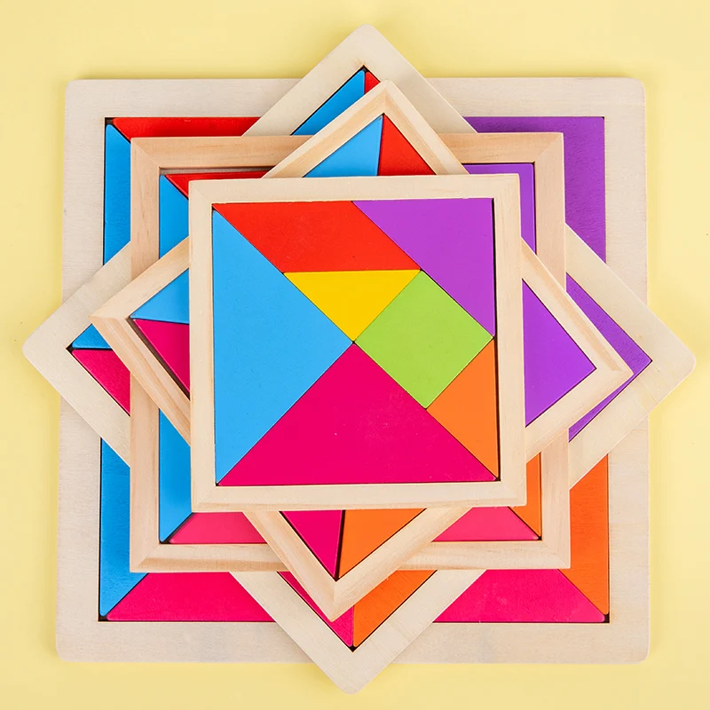 1pc Pine Wood Colored Tangram Puzzle Toy with Pattern Paper Multiple Sizes Available Suitable for Children Ages 3+