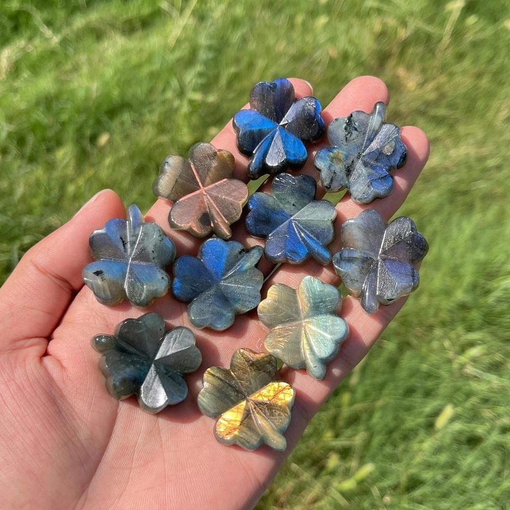 Natural Flashy Labradorite Four Leaf Clover Carving Mini Stone Ornament Desktop Decor Collectible Gift for Crystal Lovers