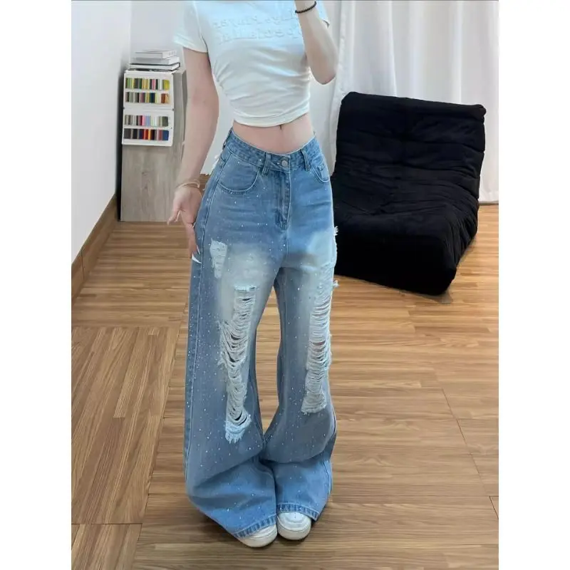 CHICATWILL Vintage Destroyed Rhinestones Embroidery Wings Denim Jeans For Women Wide Leg Jeans Long Pants Trendy Girls Trousers