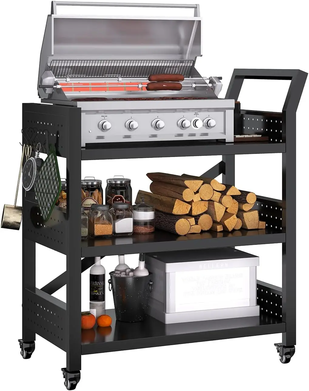 

Outdoor BBQ Cart with Wheels, Heavy Duty Metal Grill Table, Anti-Rust Rolling Bar Cart, Utility Stand for Patio Backyard Cooking - 30.31 x 24.31 x 13.78 Inches, Black