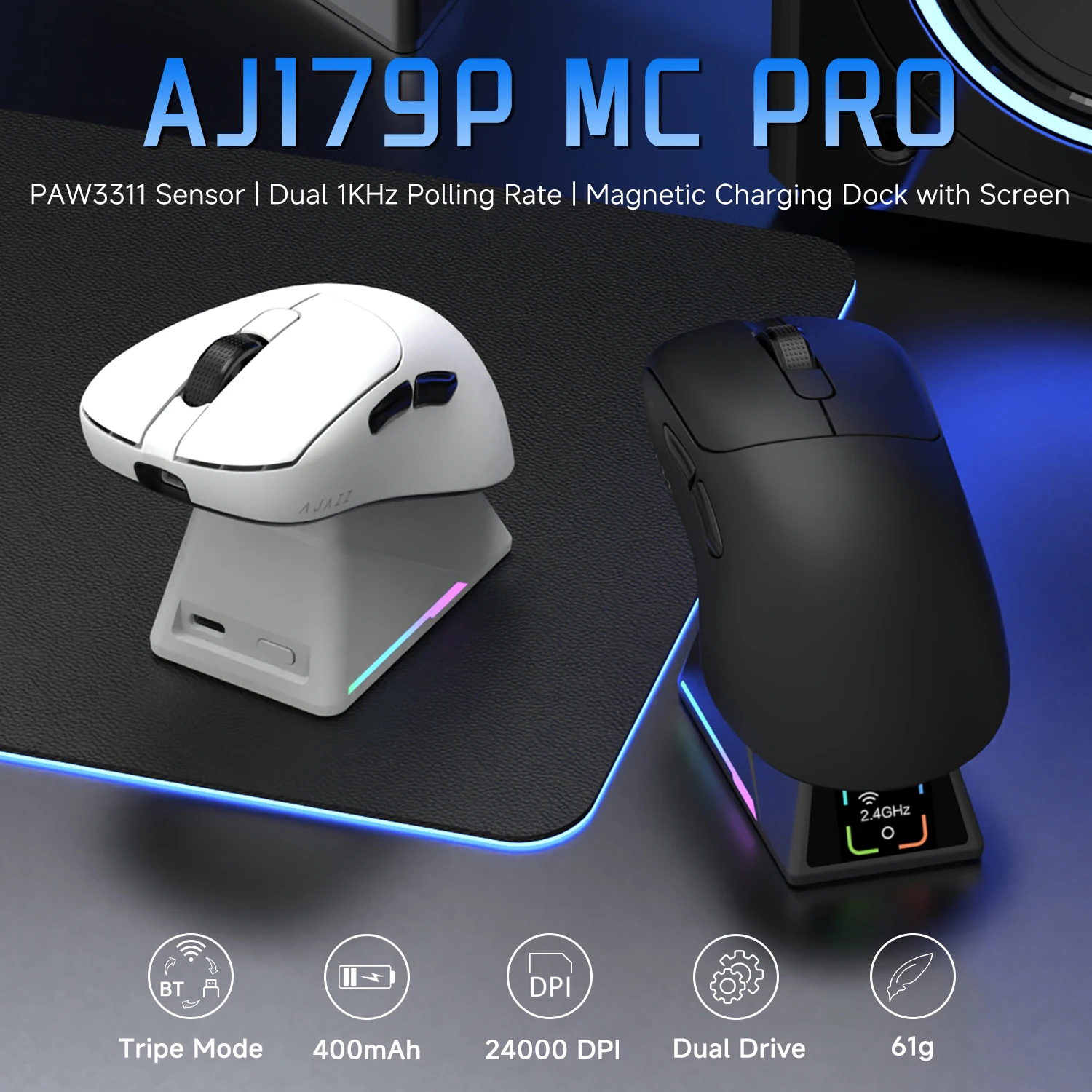AJAZZ AJ179 P MC PRO Three-Mode Mouse PAW3311 400mAh high-capacity battery RGB Full-Color Screen Dock 24000DPI for Office Games