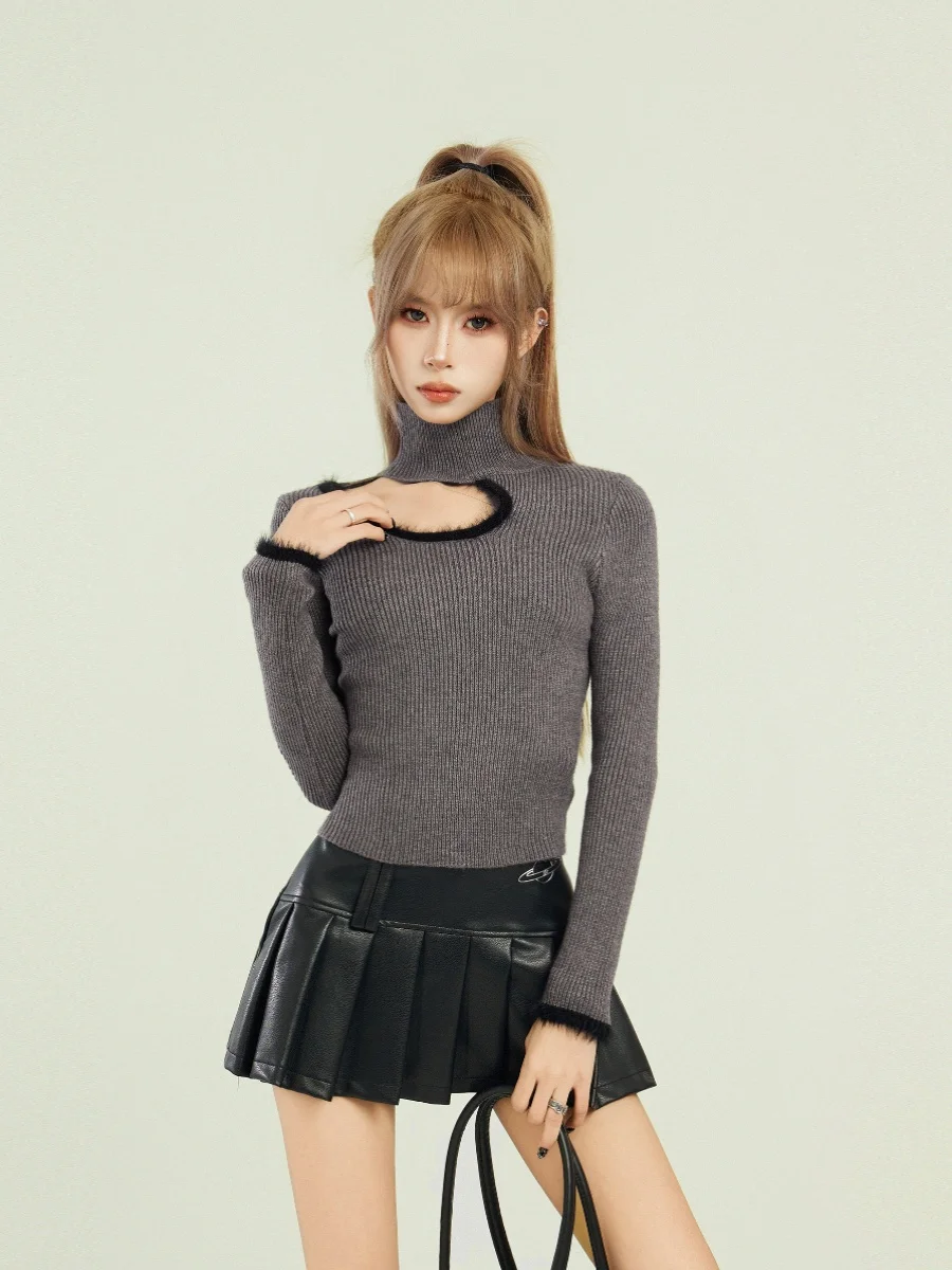 

Gray Turtleneck Hollow-out Long-Sleeved Sweater Women's Pullover SpringAutumn Black Leather Skirt Slimming Inner Bottoming Shirt