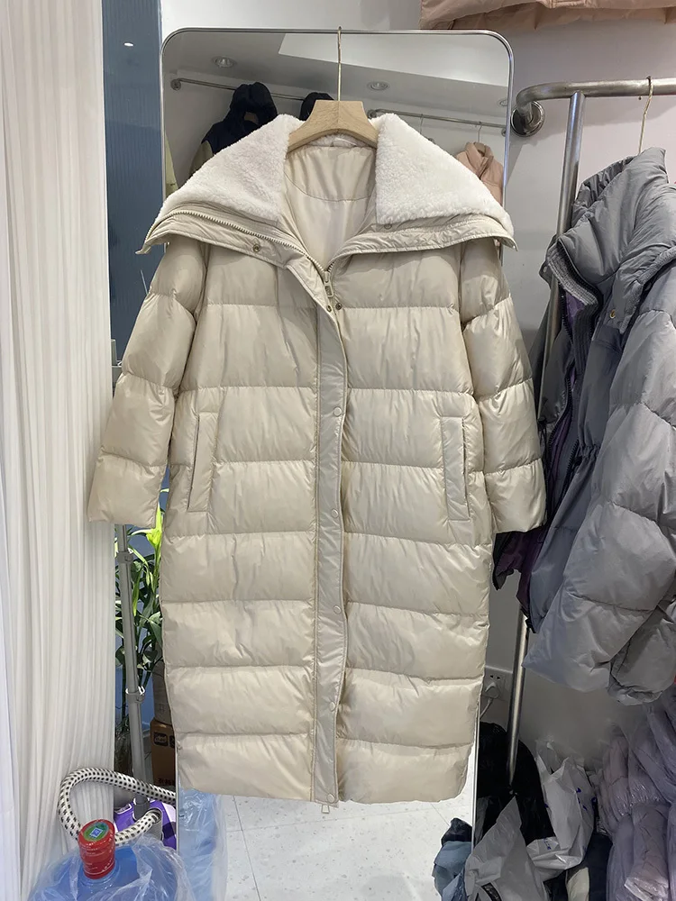 

Korean down jacket for women 2024 new style Korean version long thick over the knee lamb wool big collar white duck down jacket