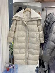 Korean down jacket for women 2024 new style Korean version long thick over the knee lamb wool big collar white duck down jacket