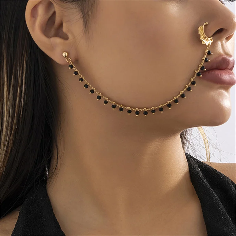 Fashion Bohemia Punk Sexy Alloy Women Earrings Geometric Colored Beads Pendant Tassel Chain Earring Fake Nose Piercing Nose Clip